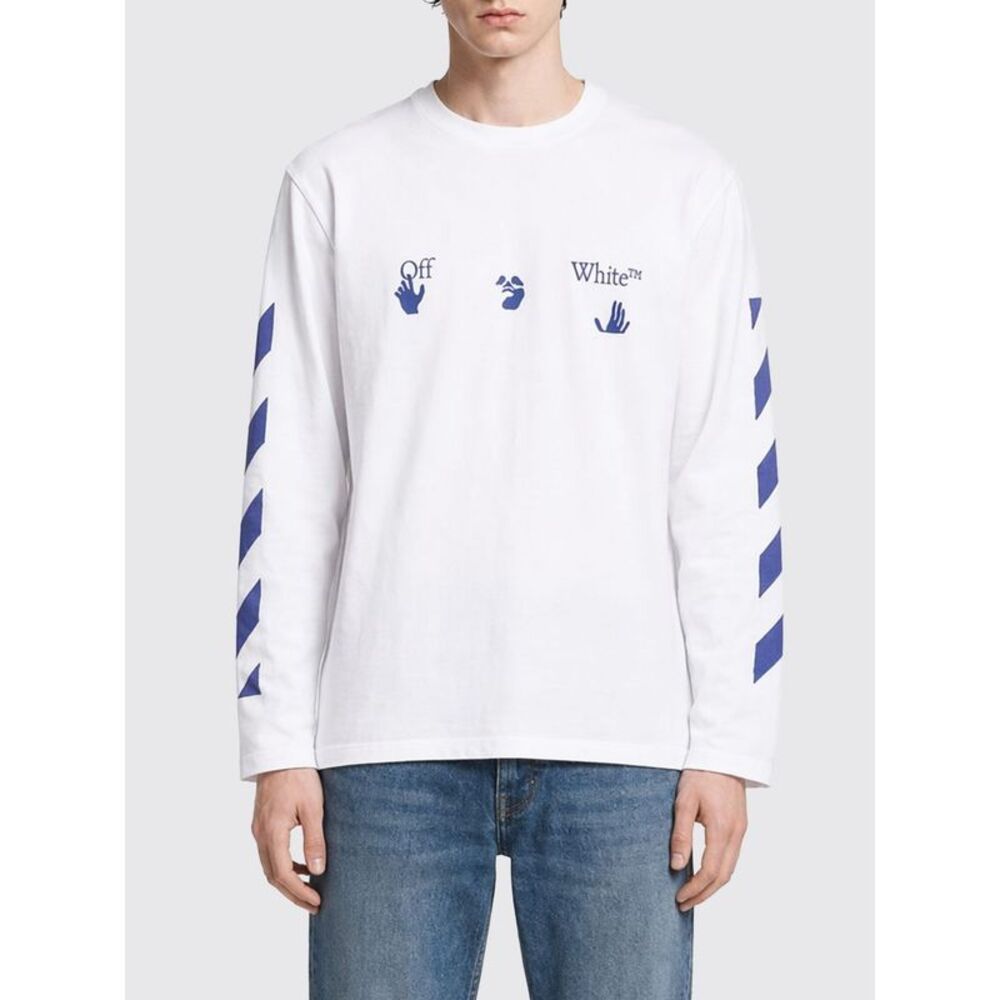 Off-White Men Off-White Arrow Logo Print Long-Sleeved Cotton T-Shirt